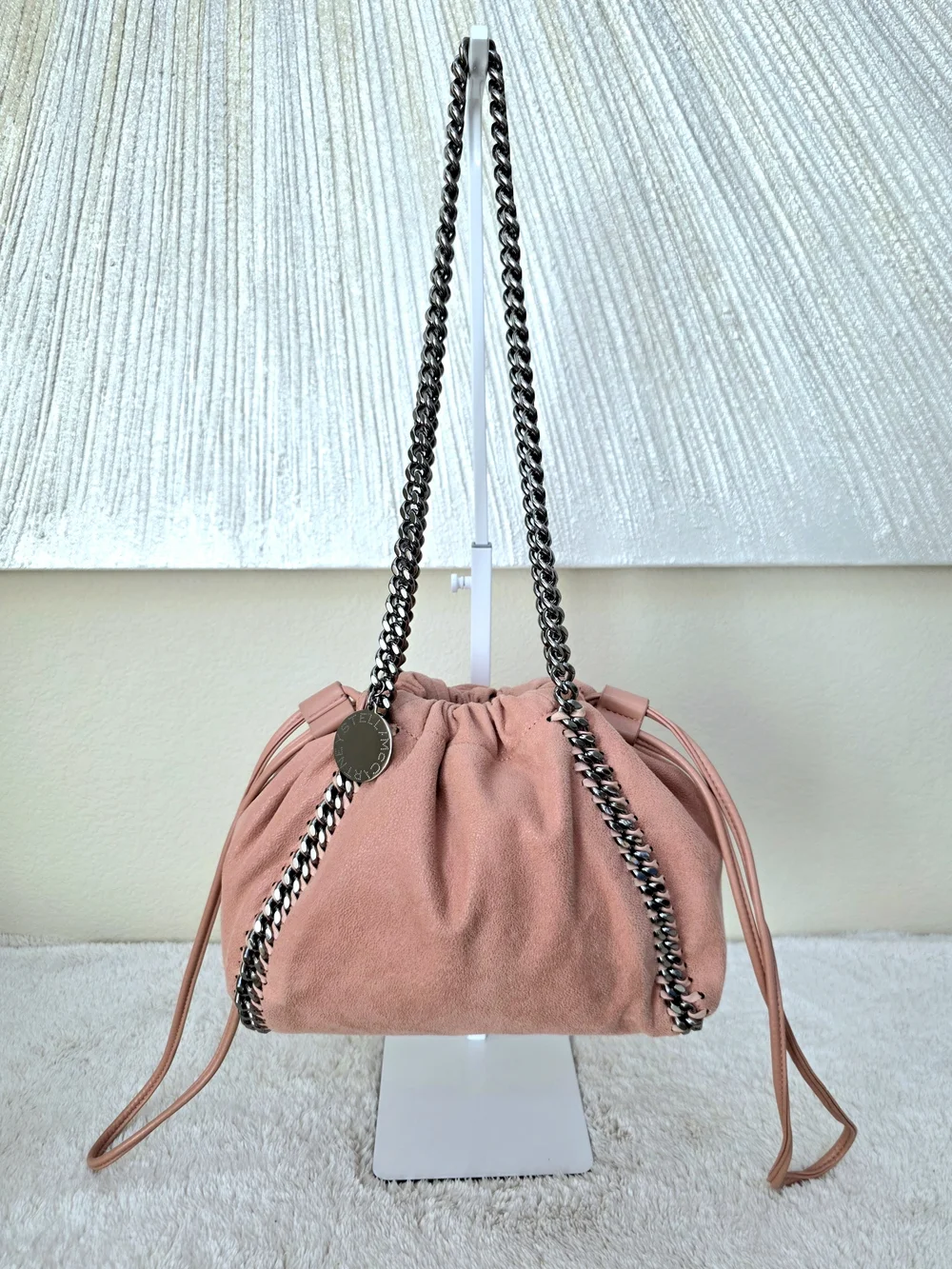 Rare Stella McCartney Falabella Coral Pink Silver Mini Drawstring Pouch Tote